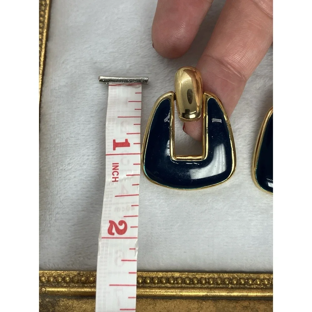 Vtg Earrings Gold Tone Blue Enamel Door Knocker Old Money Statement Estate 80's